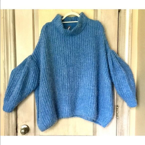 Free People Oasis Oversized Tunic Sweater Mock Neck Fuzzy Blue - Picture 4 of 4